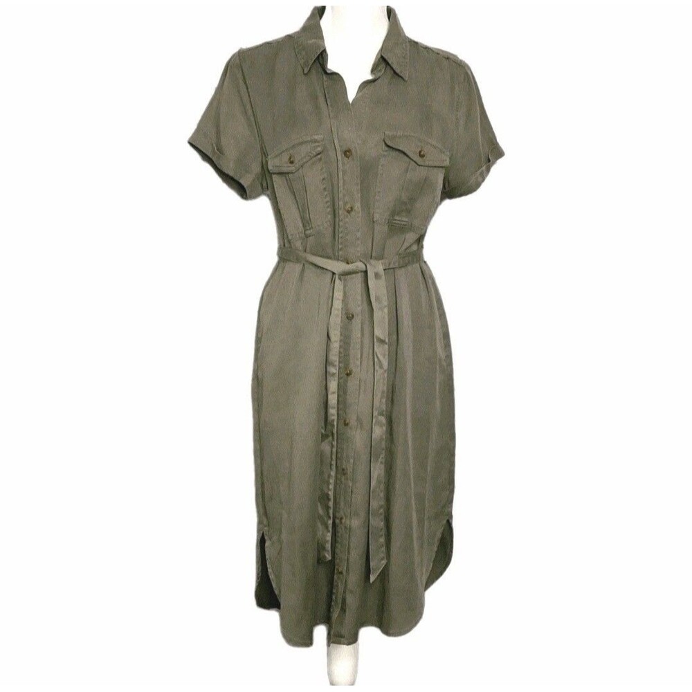 Teddi Rose Women's L Button Front Soft Tencel Midi Shirt Dress Belted Green